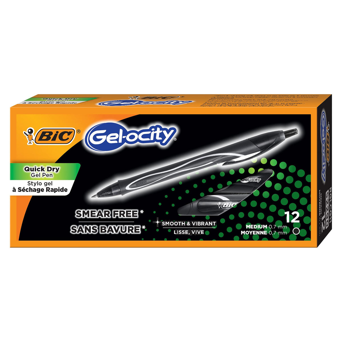 BIC Gelocity Quick Dry Black Gel Pens, Medium Point, 0.7 mm, 12-Count