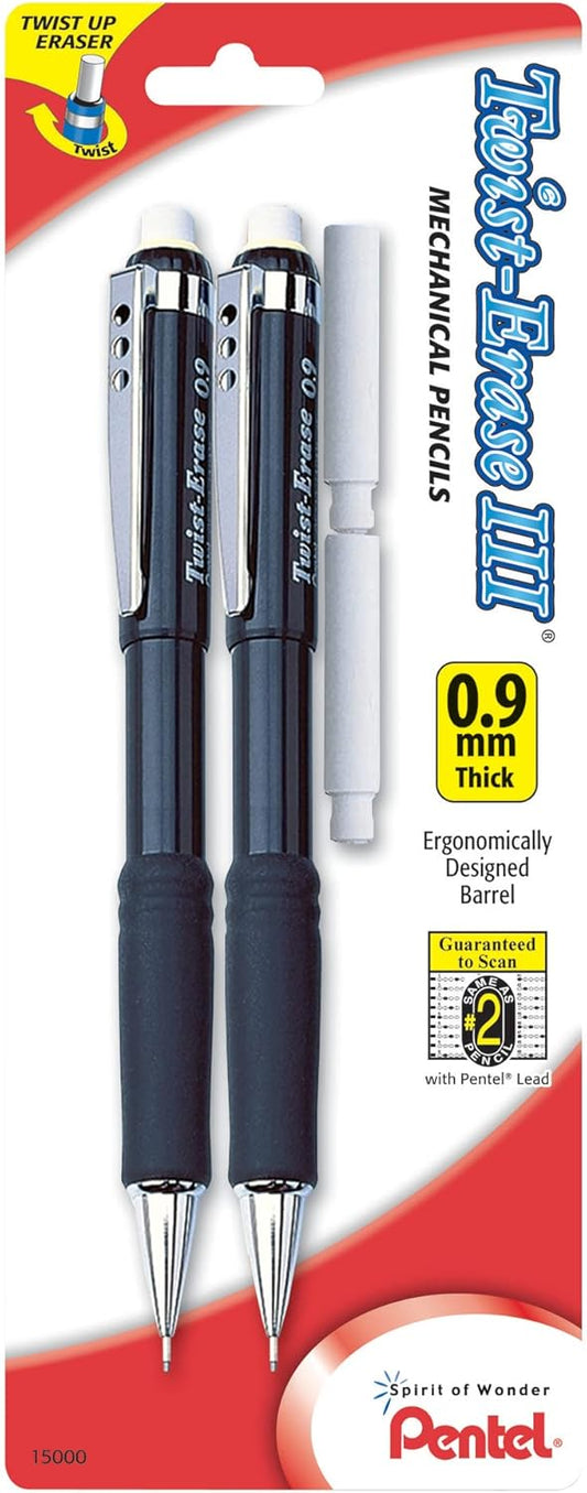 Pentel Twist-Erase III Mechanical Pencil, (0.9mm), Assorted Barrel Colors with 2 Eraser Refills, Pack of 2 (QE519BP2-K6)