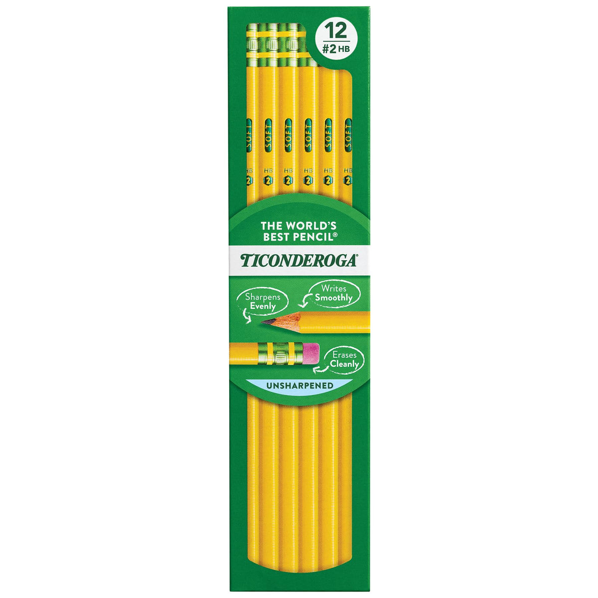 Ticonderoga Wood-Cased Pencils, Unsharpened, 2 HB Soft, Yellow, 24 Count