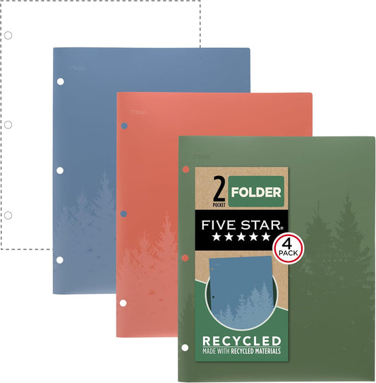 Five Star 2 Pocket Folders, Recycled Plastic Folders, Fits 3-Ring Binder, Holds 8.5" x 11" Paper, Assorted Colors, 4 Pack (33002)