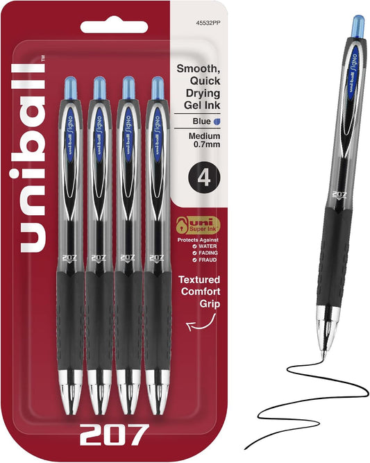 uniball™ 207 Gel Pens, Blue Ink, 0.7mm Medium Point, Retractable, 4 Count