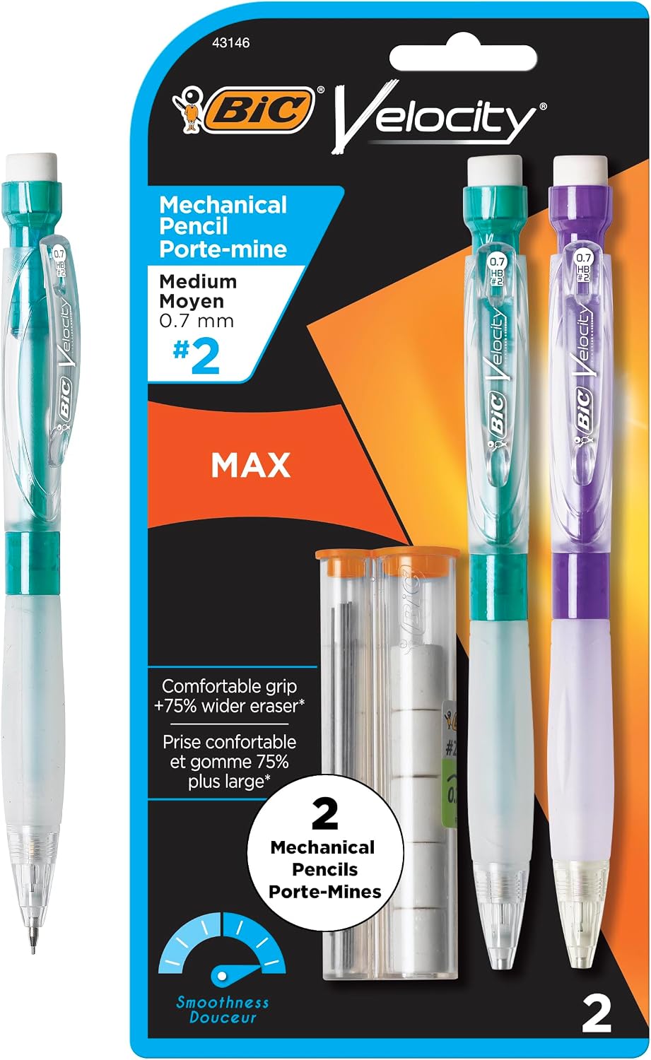 BIC Velocity Max Mechanical Pencils, With Colorful Barrel, Medium Point (0.7mm), 2-Count Pack Mechanical Pencils With Erasers and Lead Refills