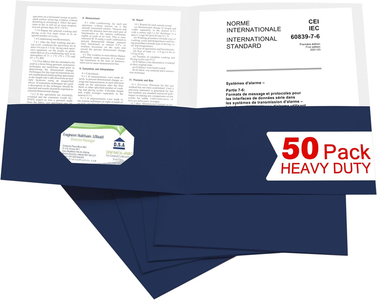 Zzrywuty 50 Packs Two Pocket File Folders with Business Card Slot,Textured Paper,Letter Size,Holds 100 Plus Sheets for School,Office,Business,Royal Blue
