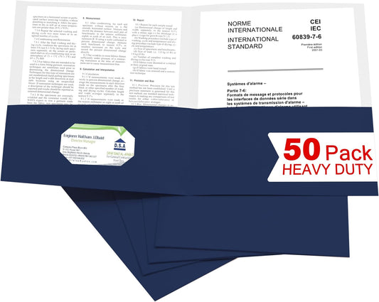 Zzrywuty 50 Packs Two Pocket File Folders with Business Card Slot,Textured Paper,Letter Size,Holds 100 Plus Sheets for School,Office,Business,Royal Blue