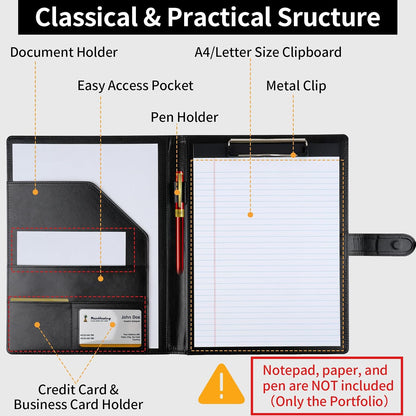Professional Padfolio with Clipboard, Faux Leather Portfolio Folder Binder