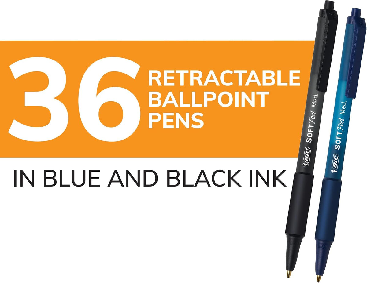 BIC Soft Feel Retractable Ballpoint Pen, 1.0 mm Medium Point, 36-Count