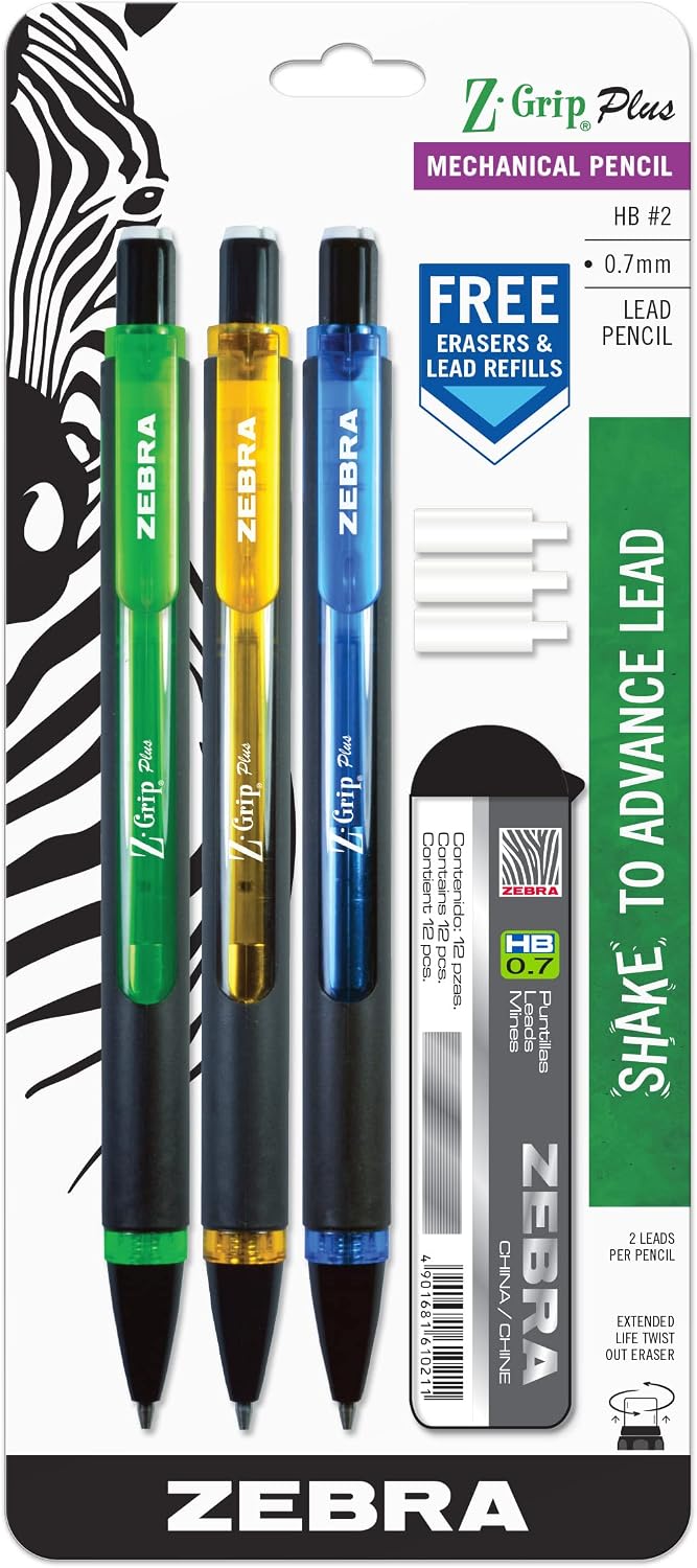 Zebra Pen Z-Grip Plus Mechanical Pencil, 0.7mm #2, Assorted Barrels, 3-Pk