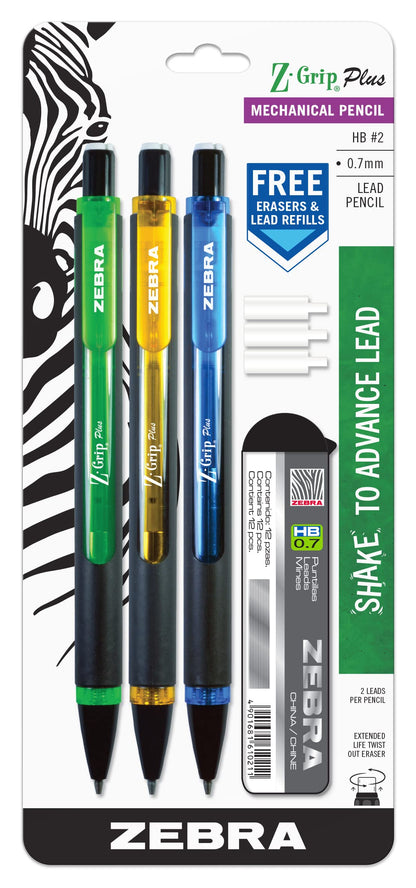 Zebra Pen Z-Grip Plus Mechanical Pencil, 0.7mm #2, Assorted Barrels, 3-Pk