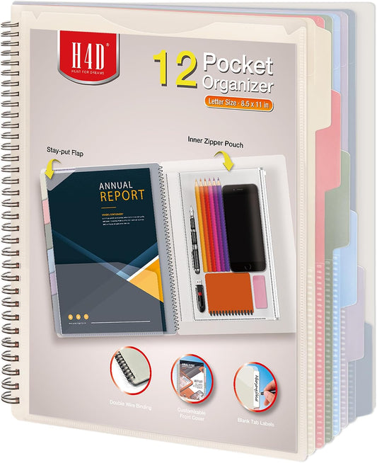 H4D 12 Pocket Poly Project Organizer, Multi Pocket Folder, Pastel Colors