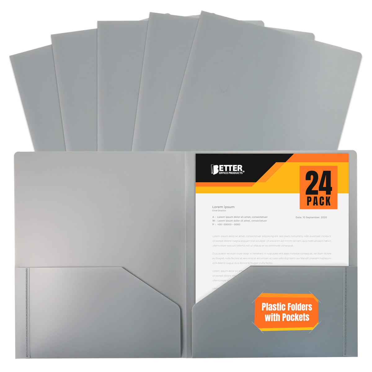 Better Office Products Heavyweight Plastic 2 Pocket Portfolio Folder, Letter Size Poly Folders 24 Pack (Black)