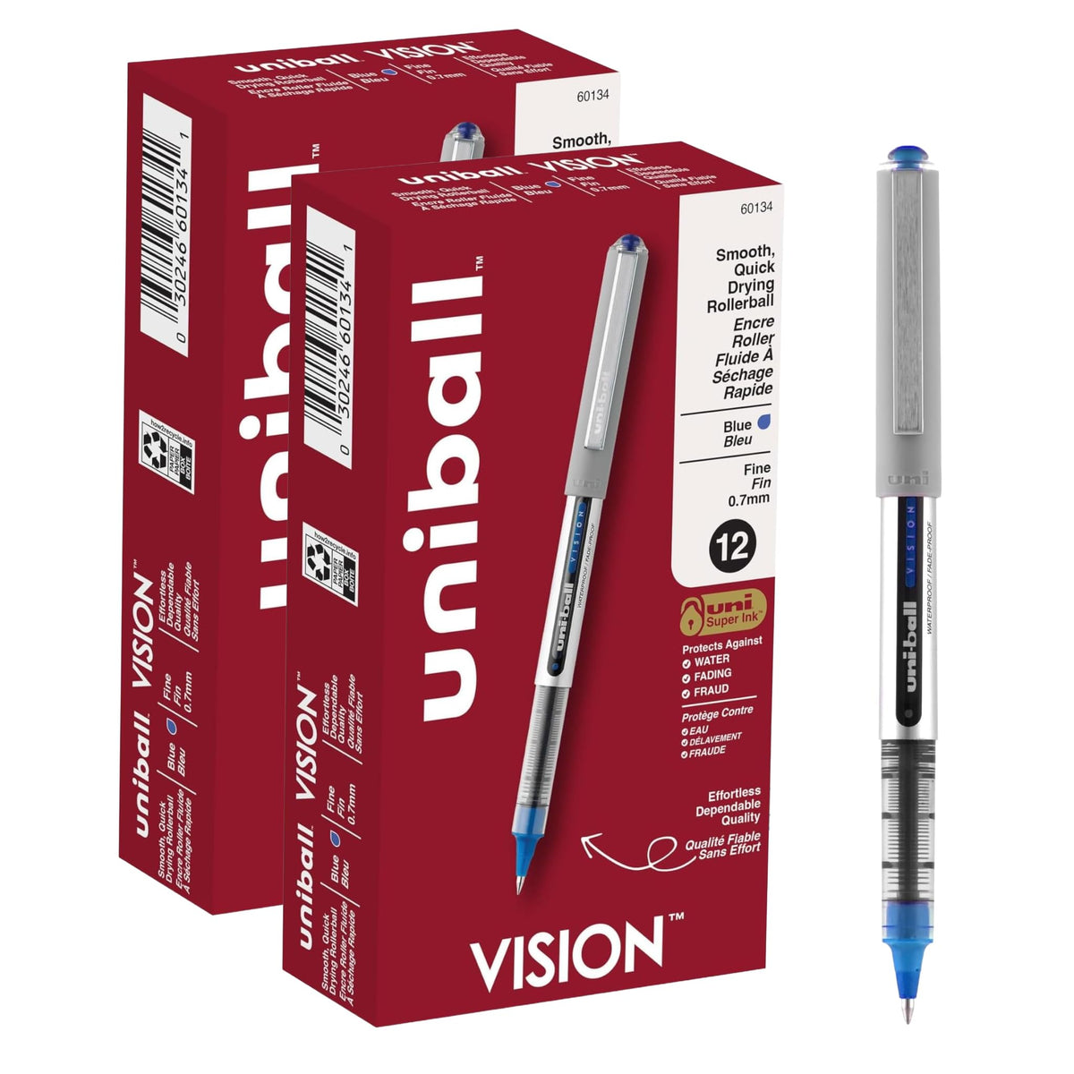 uni-ball Vision Stick Roller Ball Pens, Fine Point, Black Ink, Pack of 4
