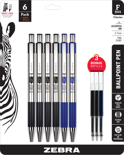 Zebra Pen STEEL F-301 Retractable Ballpoint Pen, Black Ink, 0.7mm, 2-Pack