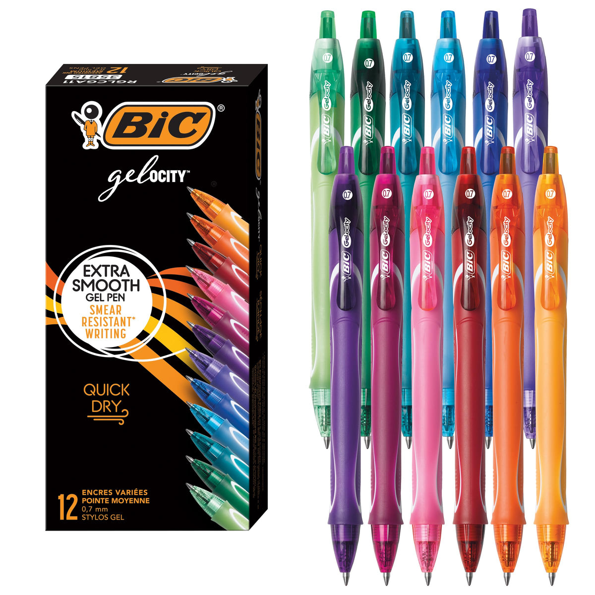 BIC Gelocity Quick Dry Black Gel Pens, Medium Point, 0.7 mm, 12-Count