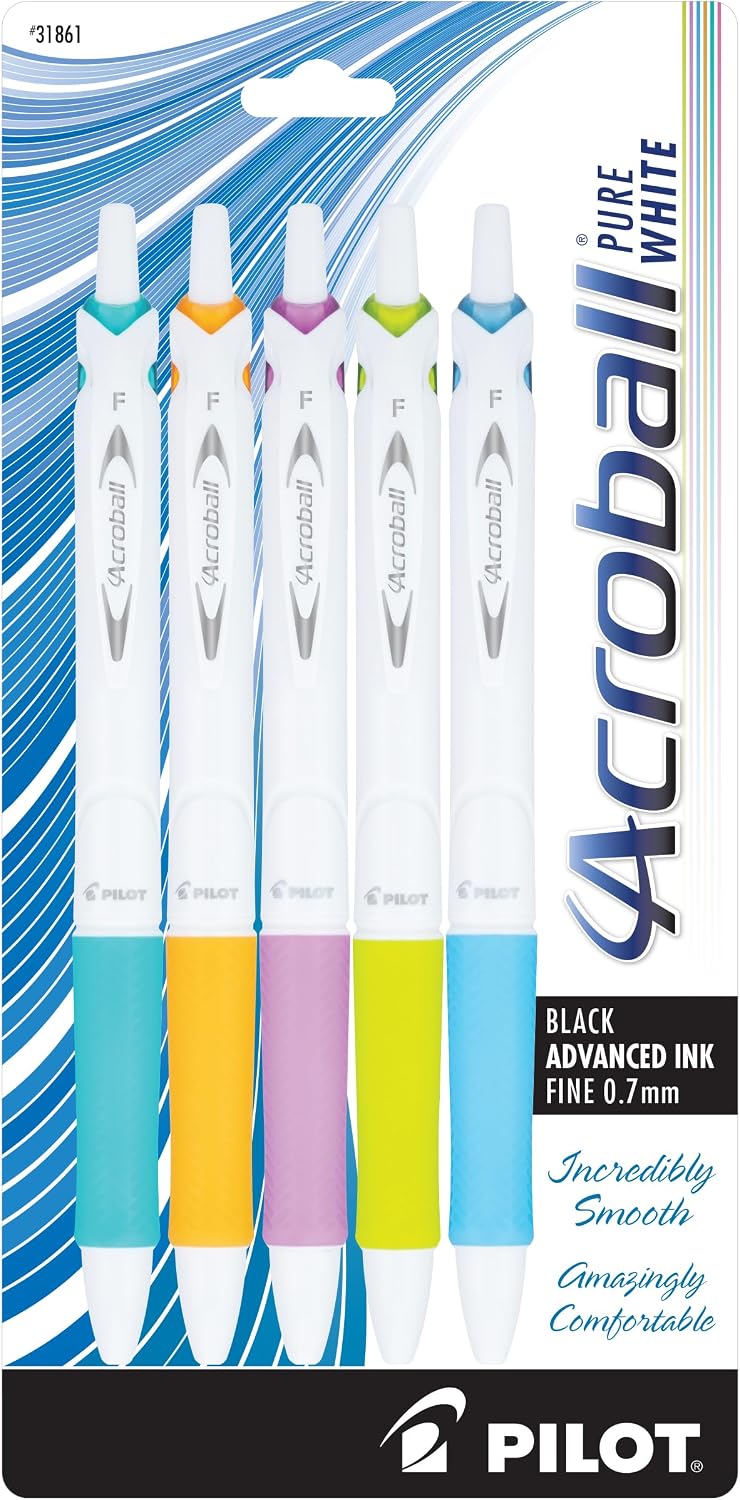 PILOT Acroball PureWhite Advanced Ink Ball Point Pens, 0.7mm, 5-Pack