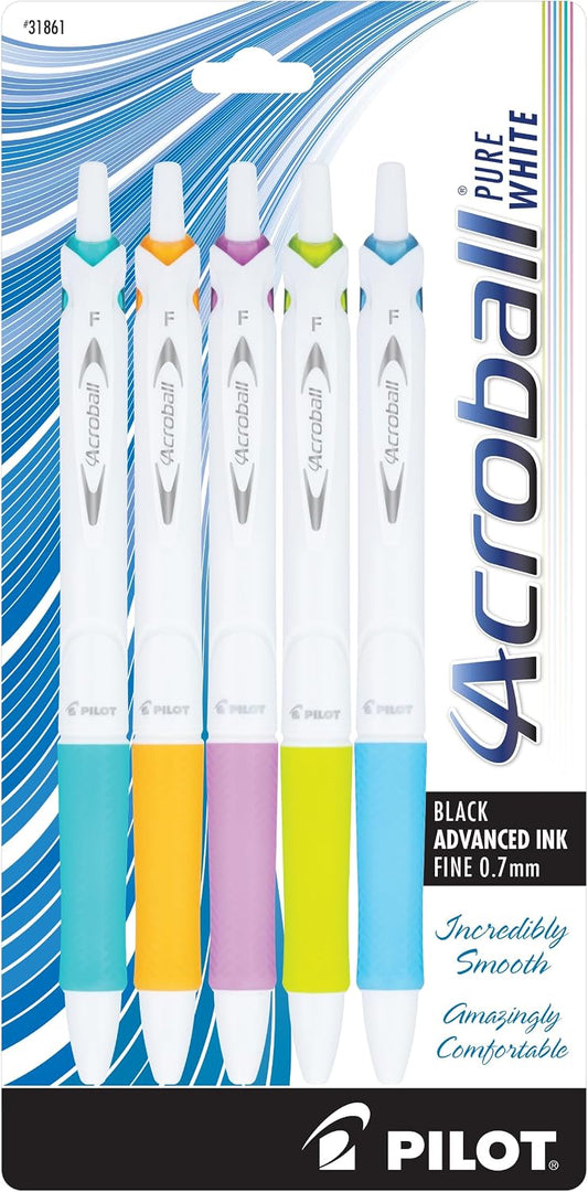 PILOT Acroball PureWhite Advanced Ink Ball Point Pens, 0.7mm, 5-Pack