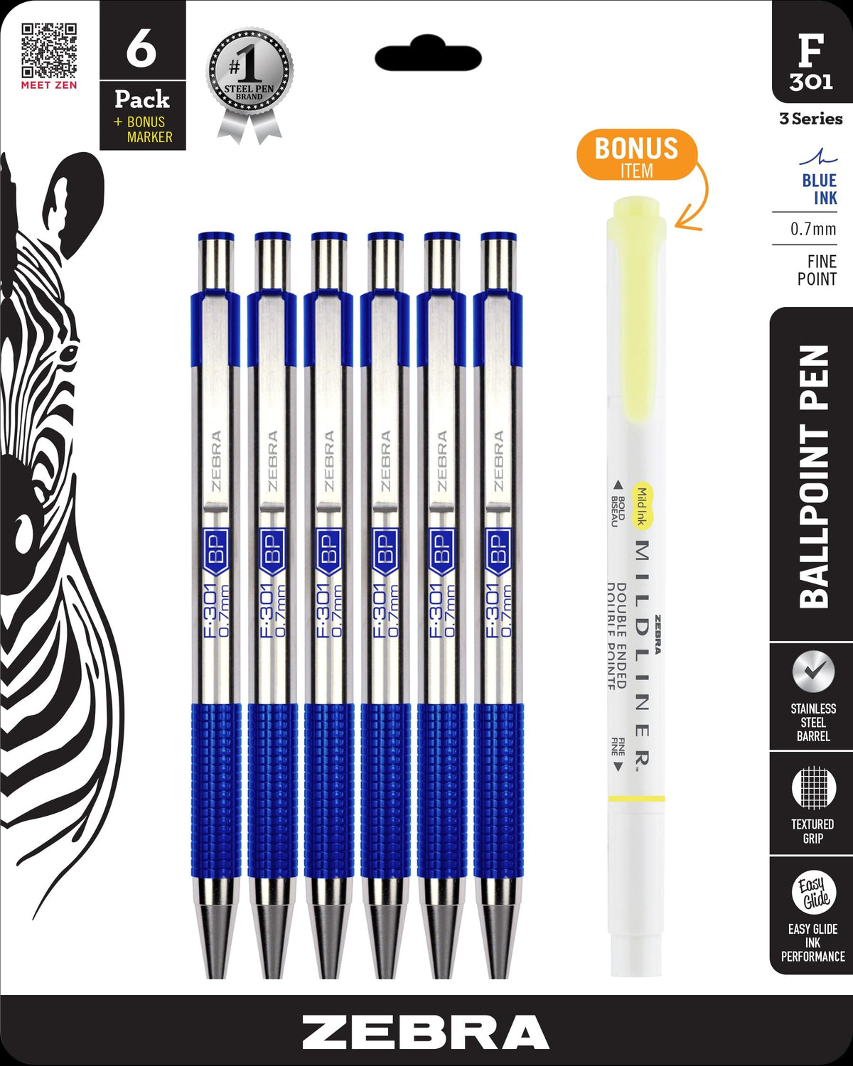 Zebra Pen STEEL F-301 Ballpoint Pen, Black, Blue, Red, Green, 0.7mm, 4-Pack