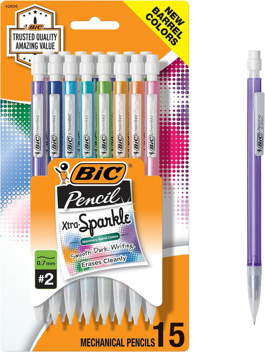 BIC Xtra-Sparkle Number 2 Mechanical Pencils With Erasers, Medium Point (0.7mm), 15-Count Pack, Cute Mechanical Pencils for Girls, Boys and Adults (Barrel Colors May Vary)