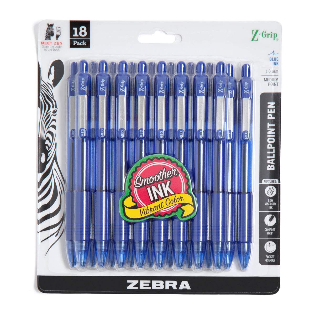 Zebra Pen Z-Grip Retractable Ballpoint Pen, Black/Blue, 1.0mm, 18-Pack