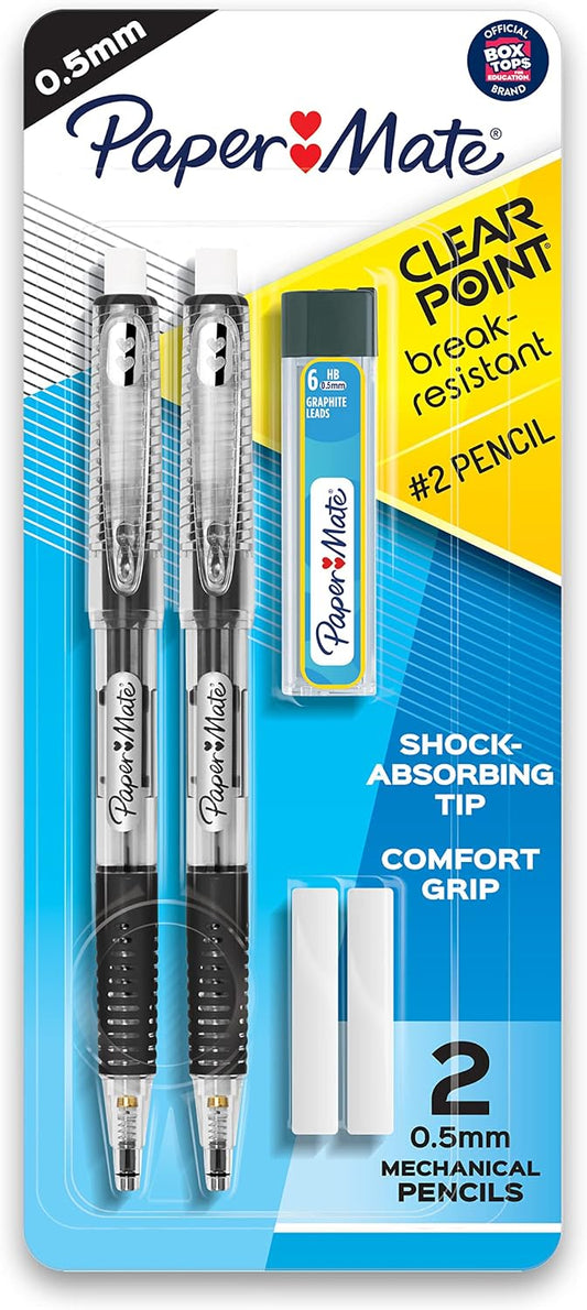 Paper Mate Clearpoint Mechanical Pencils, 0.5mm Break-Resistant HB #2 Lead, Eraser Refills, 2 Count