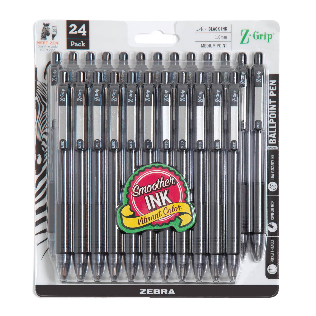 Zebra Pen Z-Grip Retractable Ballpoint Pen, Black/Blue, 1.0mm, 18-Pack