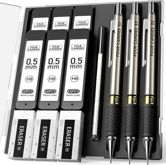 Metal Mechanical Pencil Set with Case, 3-Pack 0.5mm Fine Point Pencils