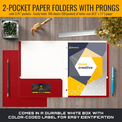 Better Office Products Plastic Folders, 50 Pack Red Paper Folders with Pockets & Folders with Prongs, Matte Texture, Letter Size, 3 Metal Prong Fastener Clips, Durable for Office, School, Filing