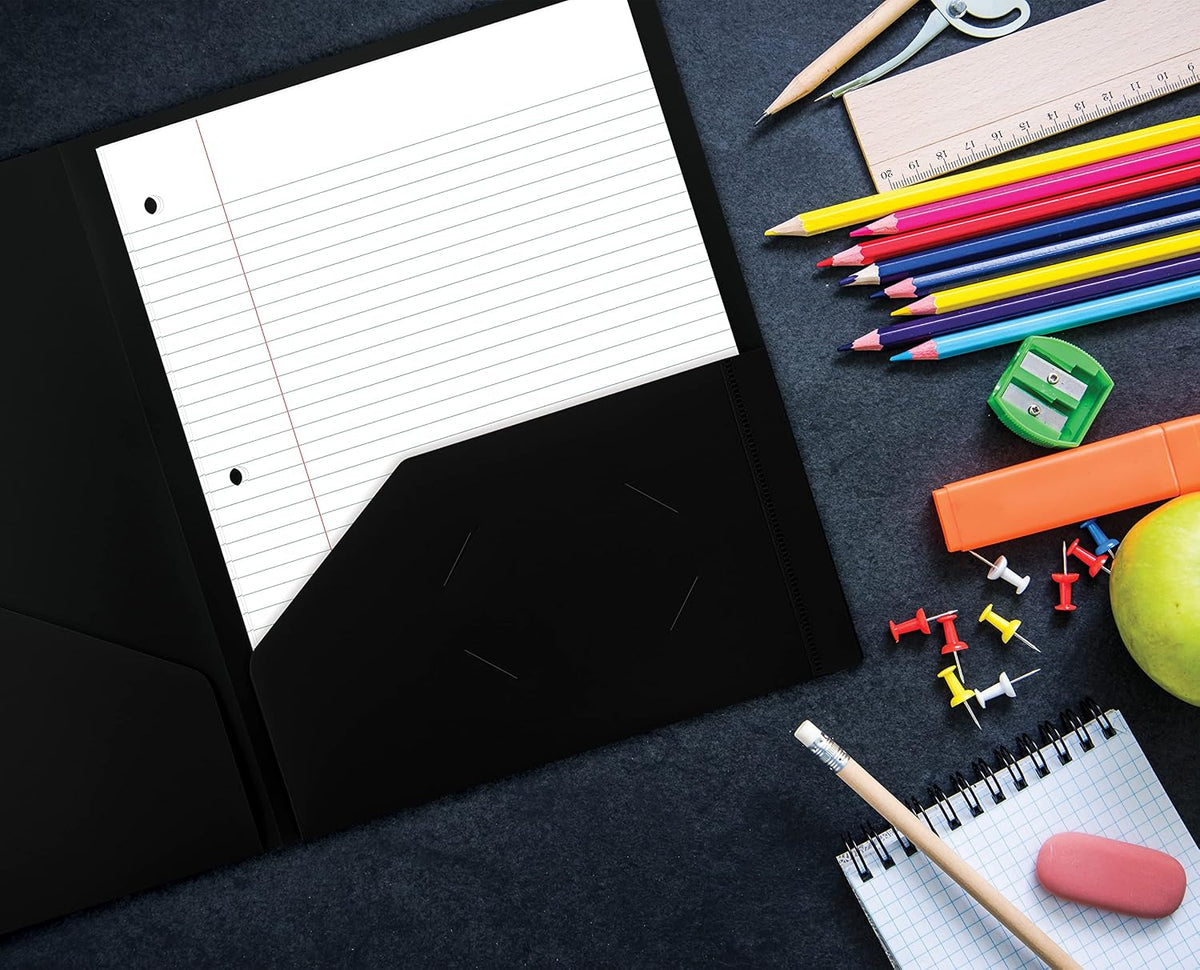 Better Office Products Heavyweight Plastic 2 Pocket Portfolio Folder, Letter Size Poly Folders 24 Pack (Black)