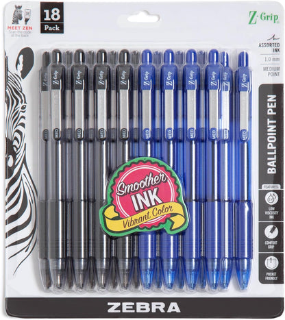 Zebra Pen Z-Grip Retractable Ballpoint Pen, Black/Blue, 1.0mm, 18-Pack