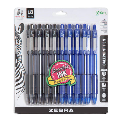 Zebra Pen Z-Grip Retractable Ballpoint Pen, Black/Blue, 1.0mm, 18-Pack