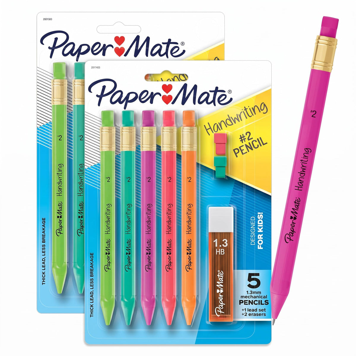 Paper Mate Handwriting Triangular Mechanical Pencils with Lead & Eraser Refills, 1.3mm, Fun Barrel Colors, 5 Count - School Supplies, Kids Writing