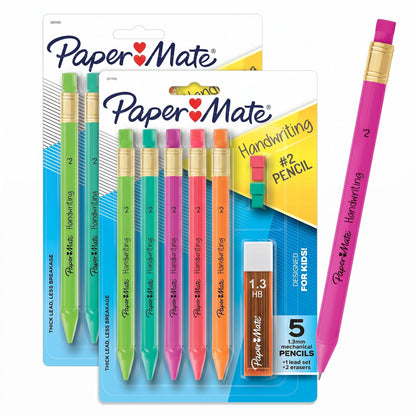 Paper Mate Handwriting Triangular Mechanical Pencils with Lead & Eraser Refills, 1.3mm, Fun Barrel Colors, 5 Count - School Supplies, Kids Writing