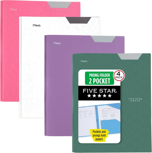Five Star 2-Pocket Plastic Folder with Stay-Put Tabs and Prong Fasteners, Holds 8.5" x 11" Paper, Assorted Colors, 4 Pack (340300B)