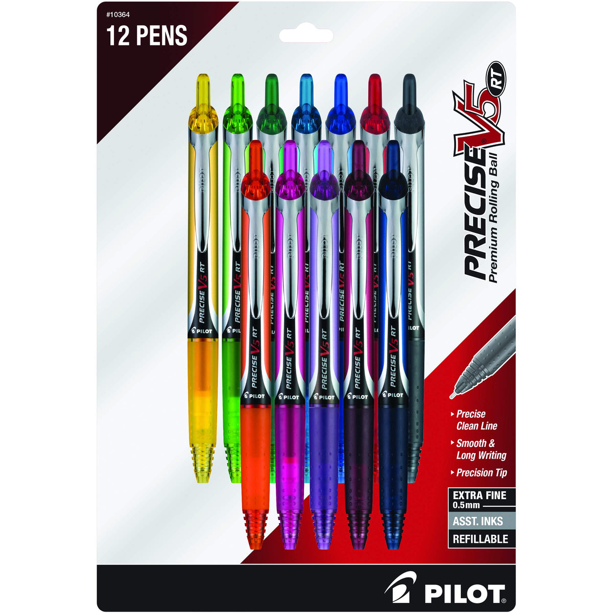 PILOT Precise V5 RT Retractable Rollerball Pens, 0.5mm, Black, 12-Pack