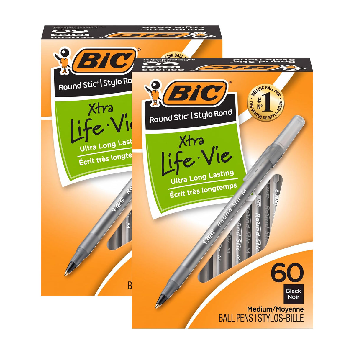 BIC Round Stic Xtra Life Ballpoint Pen, Ultra Long Lasting and Consistent Ink Flow, 60-Count in Black Ink