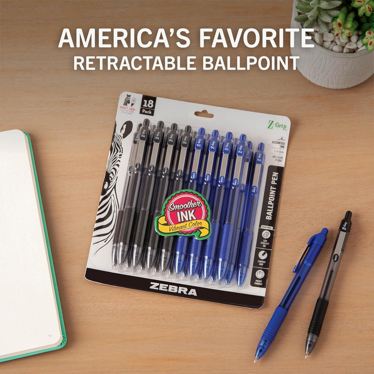Zebra Pen Z-Grip Retractable Ballpoint Pen, Black/Blue, 1.0mm, 18-Pack