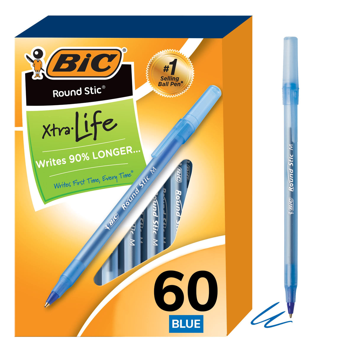 BIC Round Stic Xtra Life Ballpoint Pen, 1.0 mm Medium Point, Blue, 60-Count