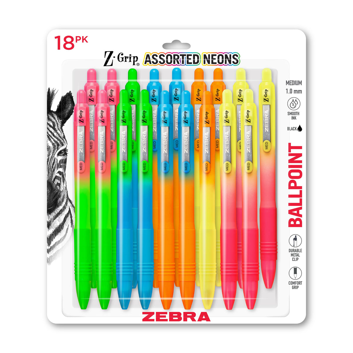 Zebra Pen Z-Grip Retractable Ballpoint Pen, Black/Blue, 1.0mm, 18-Pack