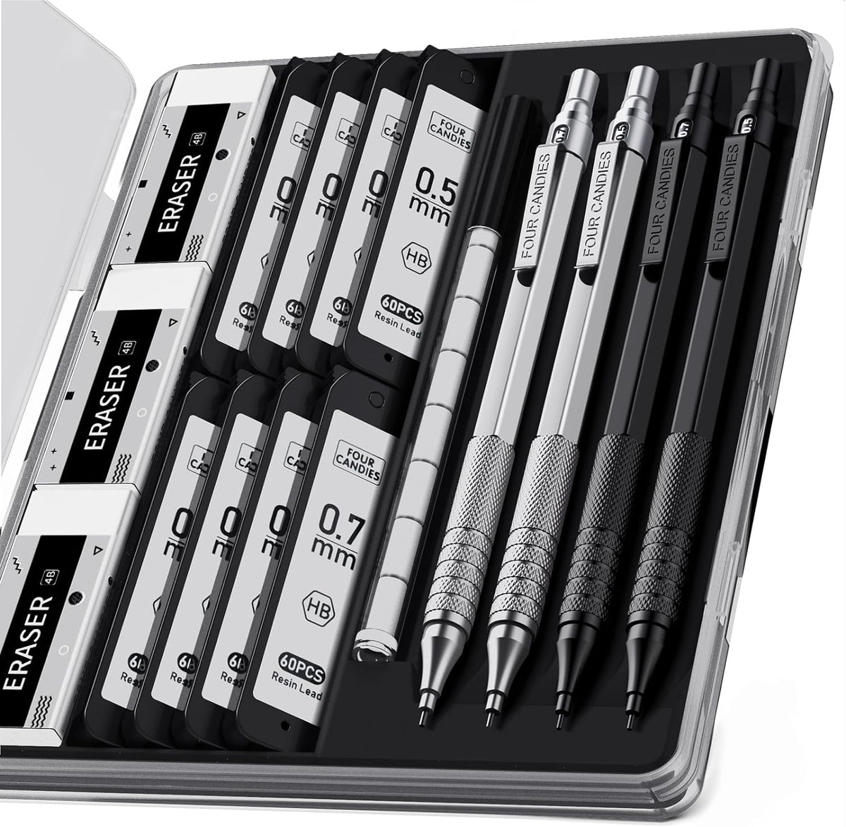 4PCS Metal Mechanical Pencil Set, 0.5mm+0.7mm, Storage Case, Black＆Silver