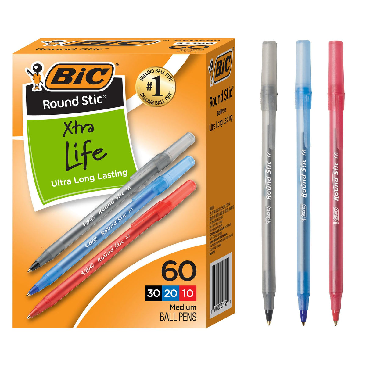 BIC Round Stic Xtra Life Ballpoint Pen, 1.0 mm Medium Point, Blue, 60-Count