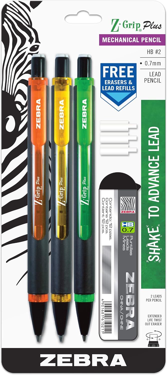 Zebra Pen Z-Grip Plus Mechanical Pencil, 0.7mm #2, Assorted Barrels, 3-Pk