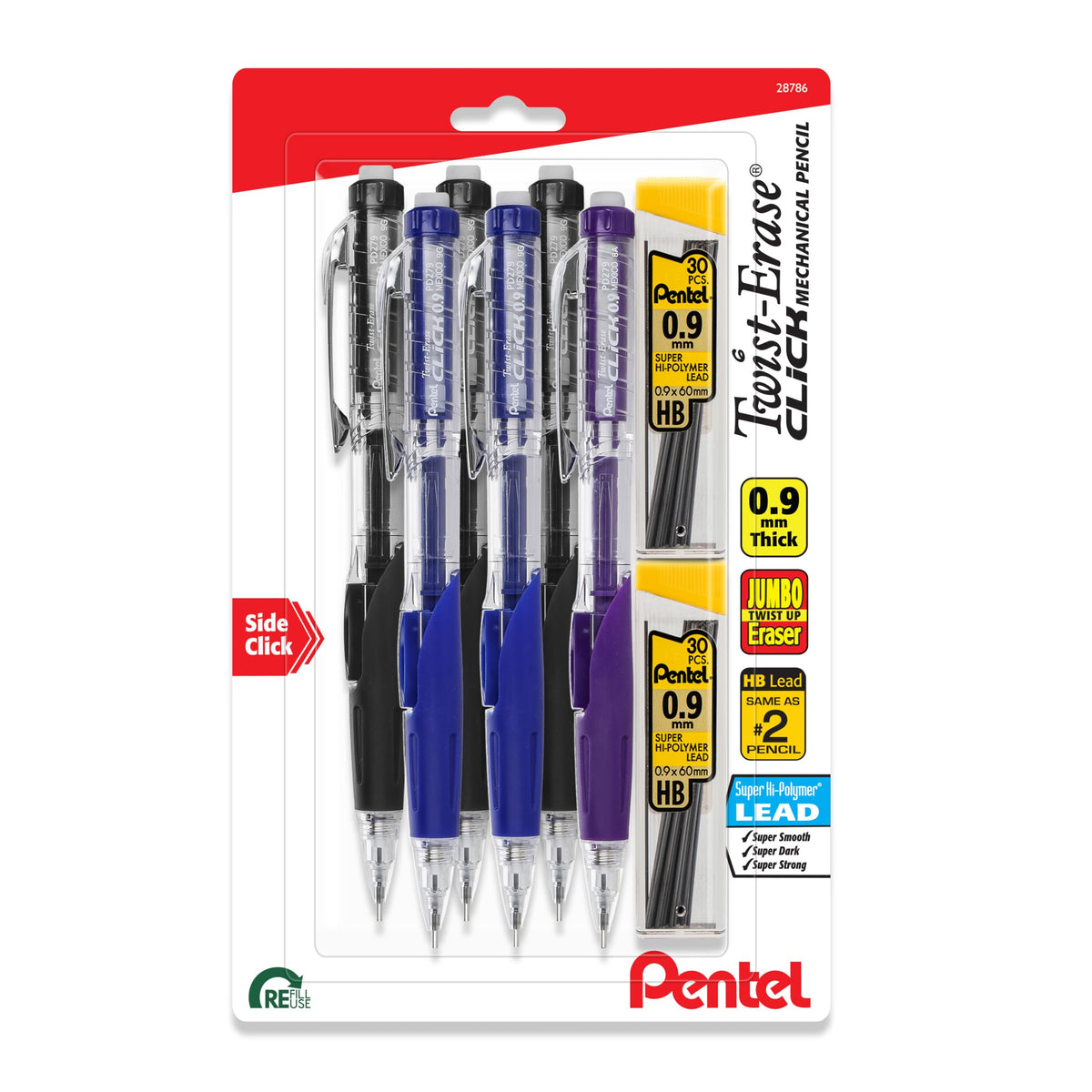 Pentel Twist-Erase Click Mechanical Pencil (0.7mm), Pack of 6 Pencils with 2 Pack of Lead Refills (PD277TLBPS6M)