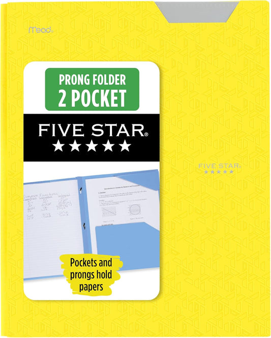 Five Star 2-Pocket Folder, Plastic Folder with Stay-Put Tabs and Prong Fasteners, Holds 8-1/2" x 11" Paper, Vivid Yellow (340300S)