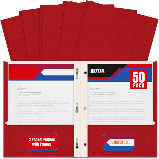 Better Office Products Plastic Folders, 50 Pack Red Paper Folders with Pockets & Folders with Prongs, Matte Texture, Letter Size, 3 Metal Prong Fastener Clips, Durable for Office, School, Filing