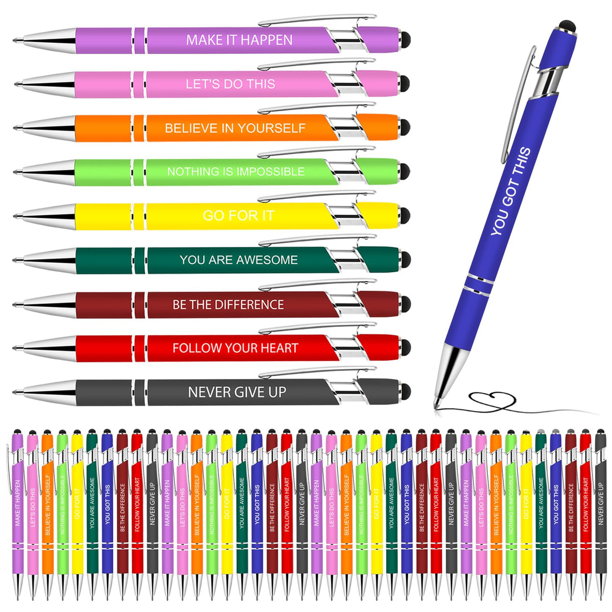 100 PCS Motivational Bulk Pens with Stylus Tip Gifts Black Ink