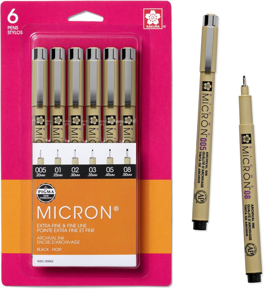 Sakura Pigma Micron Fineliner Pens, Black, Assorted Points - 6 Pack