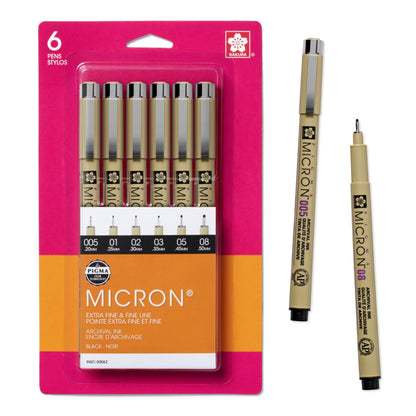 Sakura Pigma Micron Fineliner Pens, Black, Assorted Points - 6 Pack
