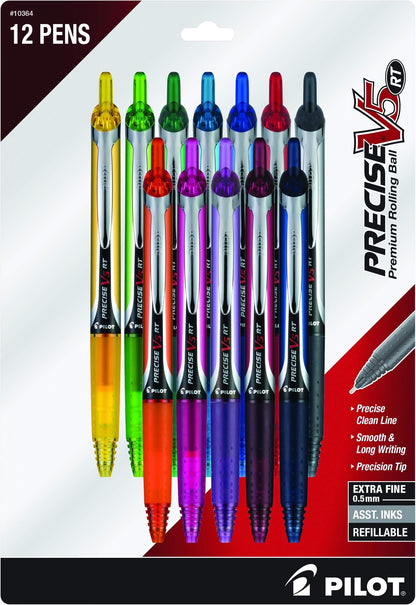 PILOT Precise V5 RT Retractable Rollerball Pens, 0.5mm, Black, 12-Pack