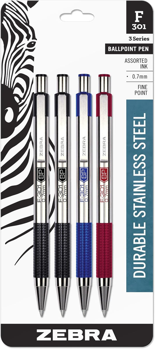 Zebra Pen F-301 STEEL Ballpoint Pen, Black/Blue/Red Ink, 0.7mm, 4-Pack