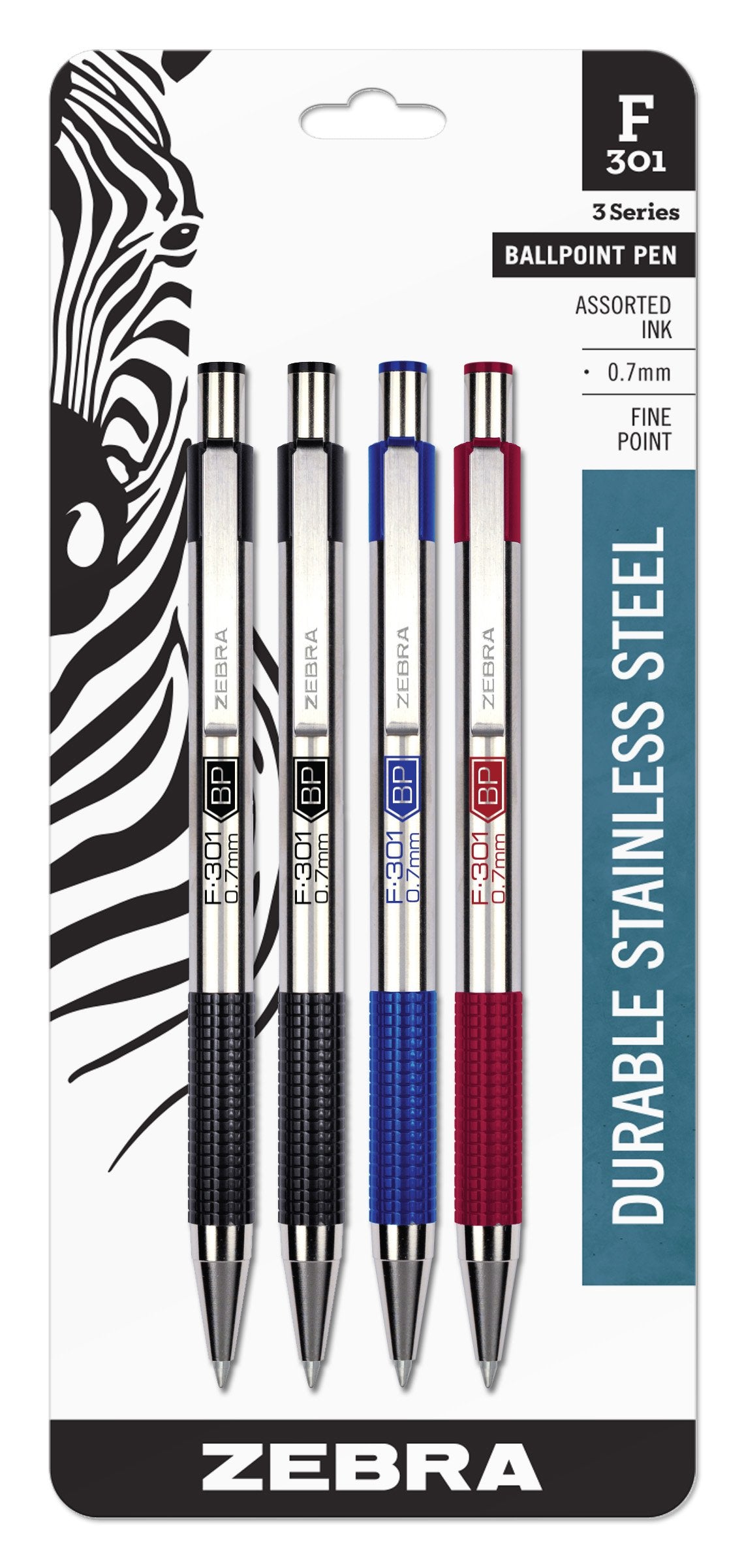 Zebra Pen STEEL F-301 Ballpoint Pen, Black, Blue, Red, Green, 0.7mm, 4-Pack