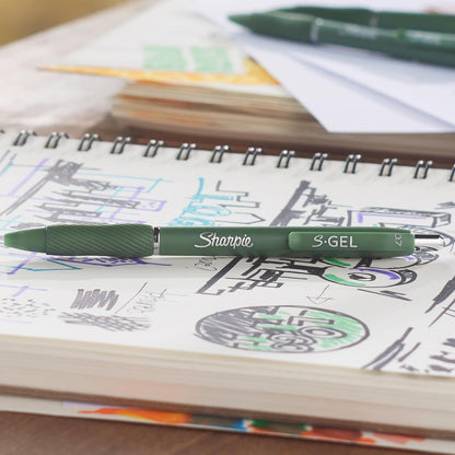 Sharpie S-Gel Gel Pens, Green Barrel, Black Ink, Medium Point (0.7mm), 4 Count - For Home, Office, College, Journaling, Drawing, Note-Taking, Writing